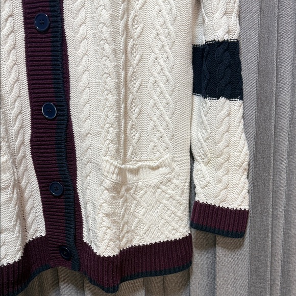 Elegant Cable Knit Cardigan - Cream with Burgundy and Navy Trim - Picture 5 of 6
